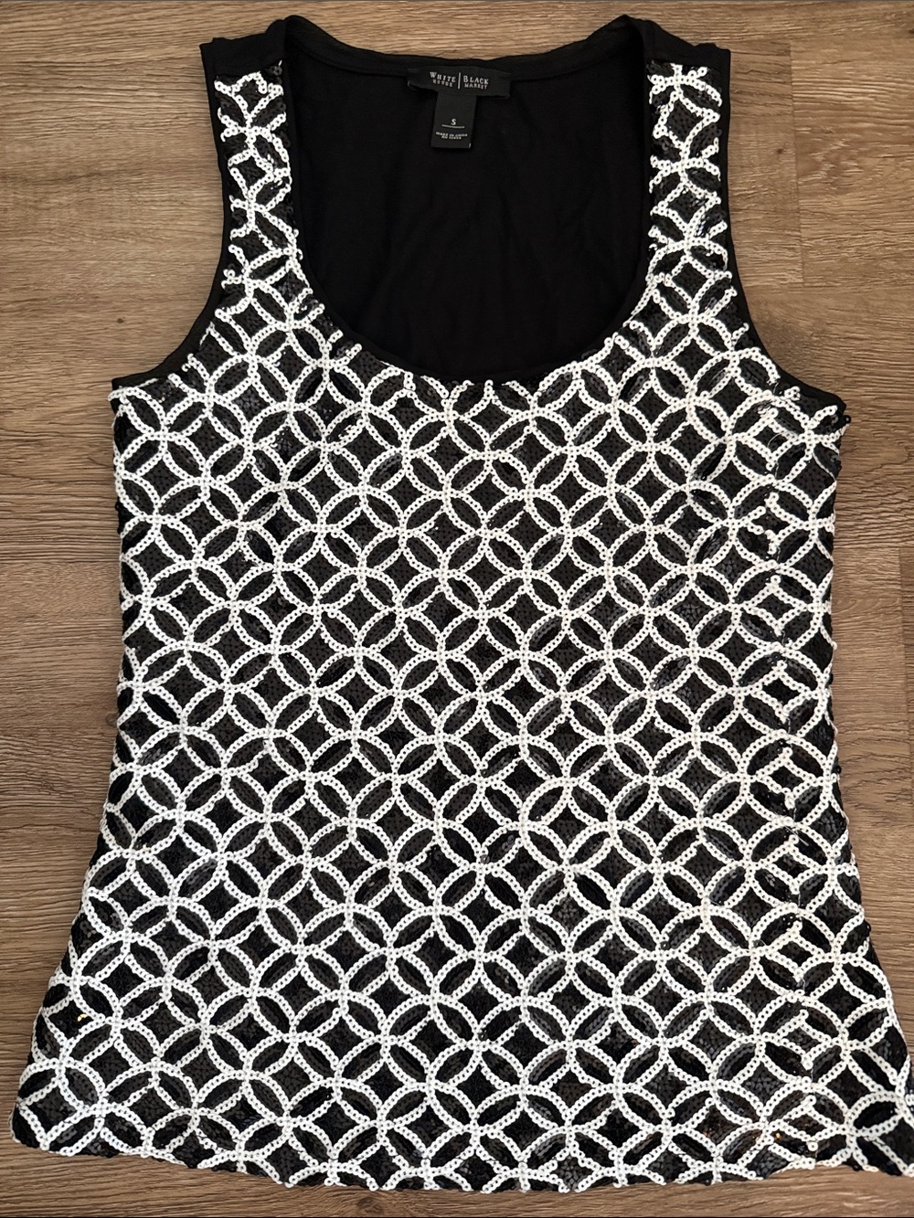 White House Black Market Black Tank with White Sequin Lattice
